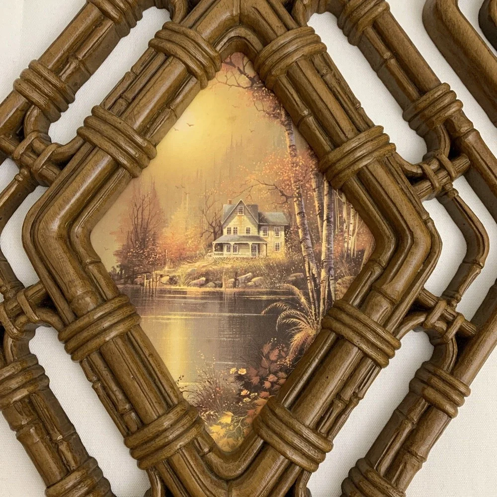 Vintage Homco 1983 Faux Bamboo Diamond Wall Frames Cottagecore Set of 2 EUC